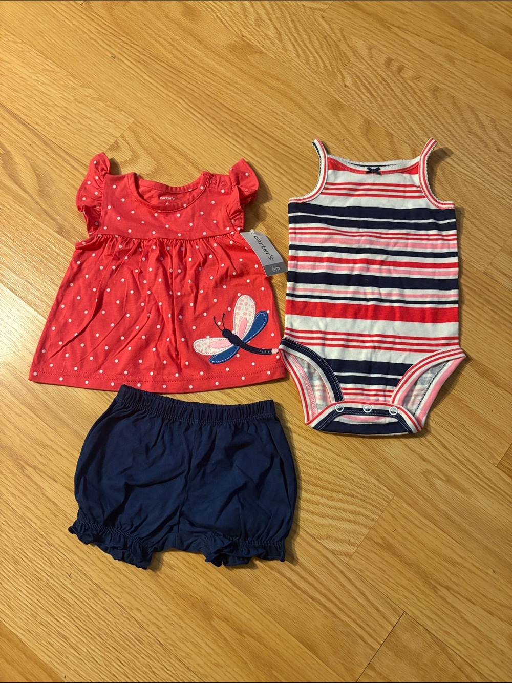 Carter's Coral Dragonfly Dress with Navy Shorts & Striped Bodysuit  size 6 mon